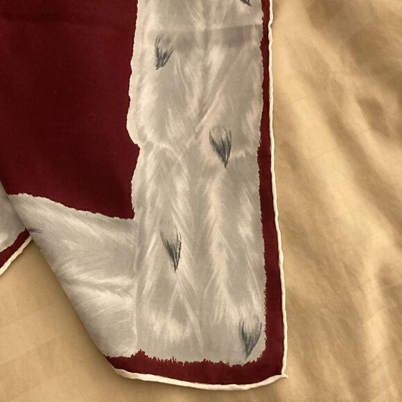 Hubert de Givenchy Paris Vintage Silk Scarf with Hand Rolled Hem. Burgundy/Gray - Picture 2 of 9